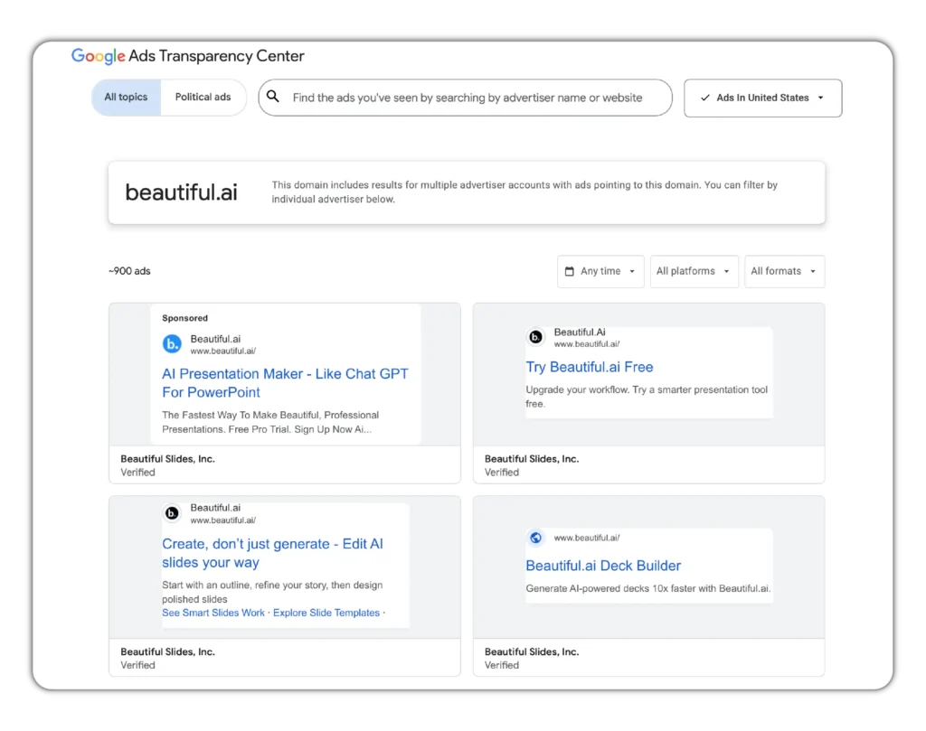 Google Ads Transparency Center page showing a search for beautiful.ai with the United States region selector, filters for time, platform, and format, and multiple sponsored ad examples from Beautiful Slides, Inc.